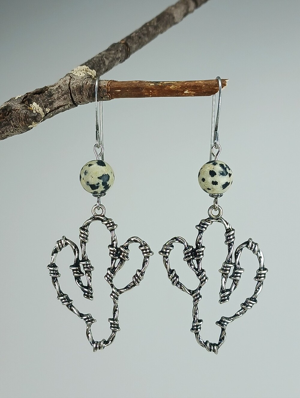 Dalmatian Jasper Cactus Earrings Antiqued Silver Hand Crafted - Picture 5 of 7
